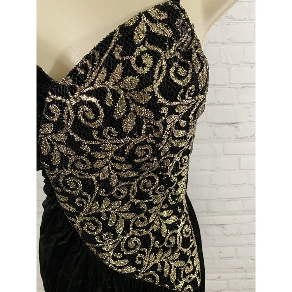 VTG New Leaf Black Gold Spaghetti Strap Velvet Back Zip Bodycon Dress Womens 5/6 - Picture 5 of 14